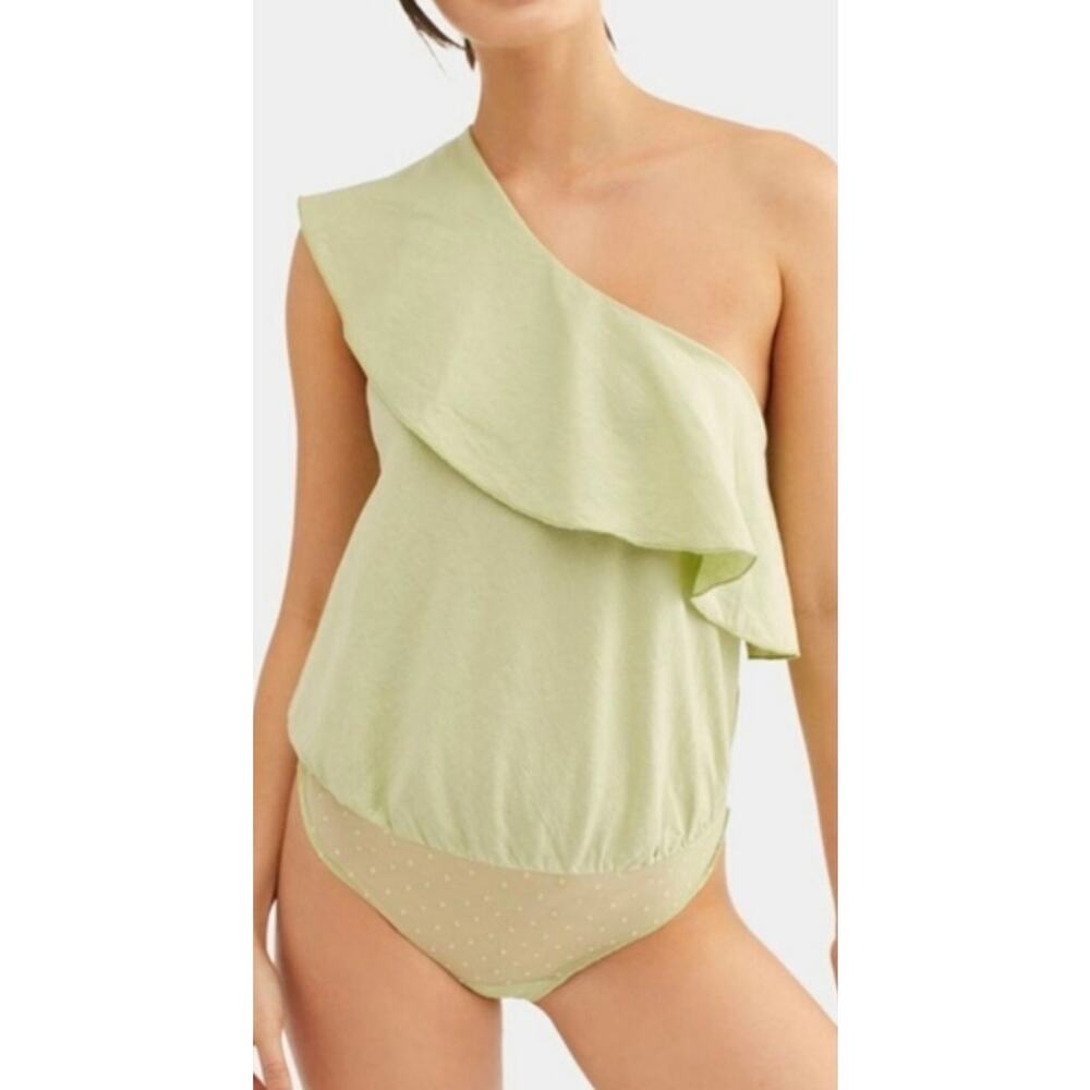 Intimately Free People Linen Blend One Should Ruffle Bodysuit in Sage Green, XS
